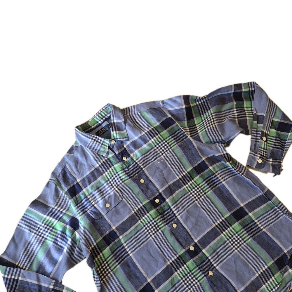 Vintage Ralph Lauren Mens XL 100% Linen Check Plaid Oxford Shirt Preppy